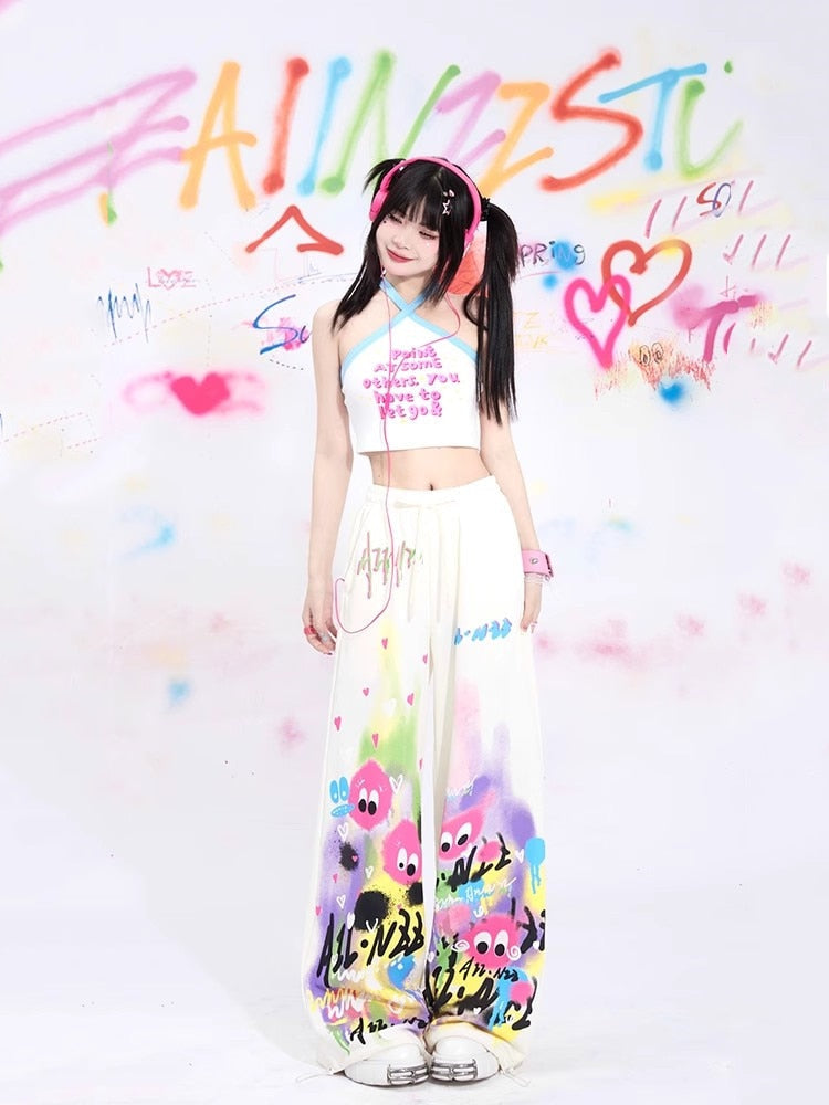 maoxiangshopJapanese Y2K Graffiti Sweatpants Women Harajuku Kawaii Cute Pink Sports Pants Oversized Subculture Egirl Wide Trousers