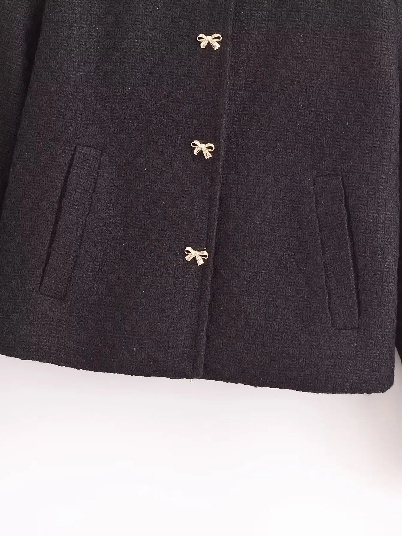 maoxiangshop - Fashion O-Neck Women Jacket Coat 2024 Female Autumn Chic Bow Button with Pockets Outerwear Lady New Black Jackets Coats