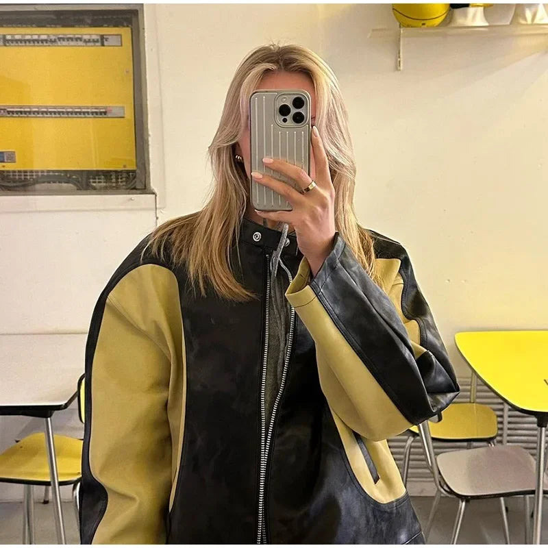 maoxiangshop - Leather Bomber Jackets Women O-neck Long Sleeve Zipper Contrast Locomotive Coat 2024 Autumn Lady New Vintage Outwear