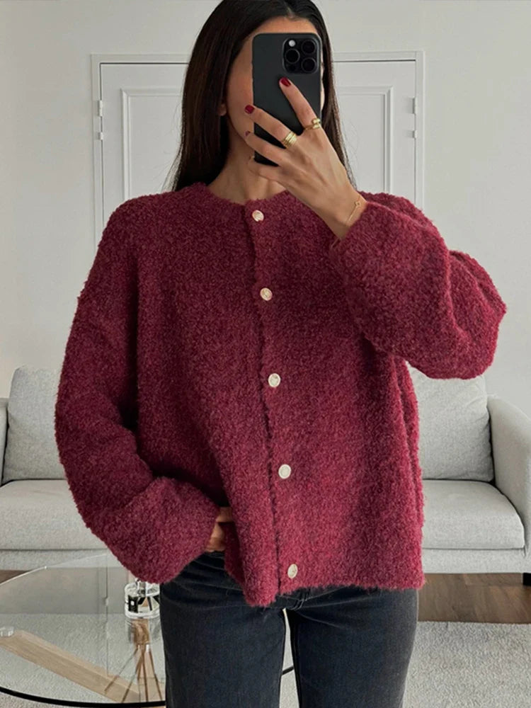 maoxiangshop - Knitted Solid Women Cardigan O-neck Single-breasted Female Sweater 2024 Autumn Winter Long Sleeve Elegant Ladies Knitwear