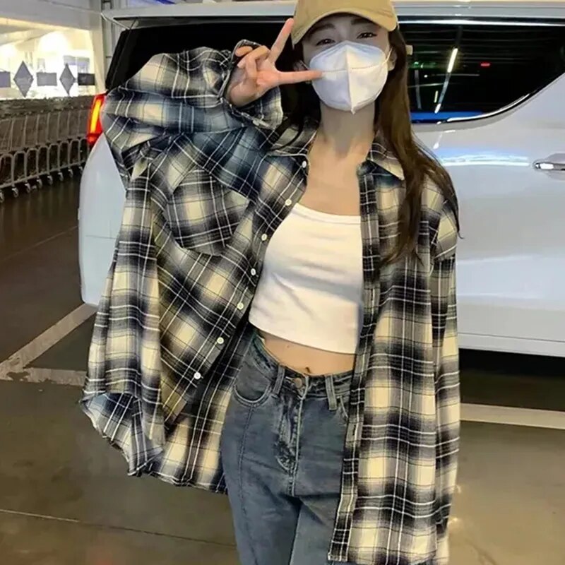 maoxiangshop Autumn All Match Plaid Shirts for Women Korean Fashion Button Up Oversized Shirt Woman Aesthetic Loose Blouse Female