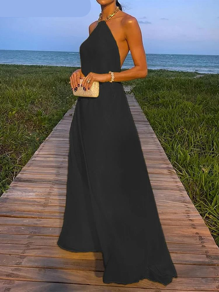 maoxiangshop Elegant Backless Yellow Dress Women Chain Halter Neck Sleeveless High Waist Sexy Midi Dresses Summer Party Vestidos
