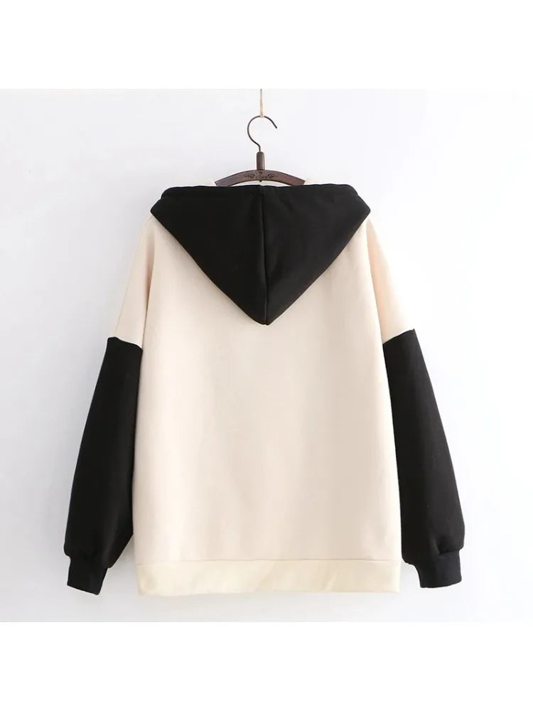 maoxiangshop Panda Print Kawai Cute Women Hoodies Drawstring Cotton Hooded Sweatshirt Winter Sweet Style Long Sleeve Korean Ladies Tops