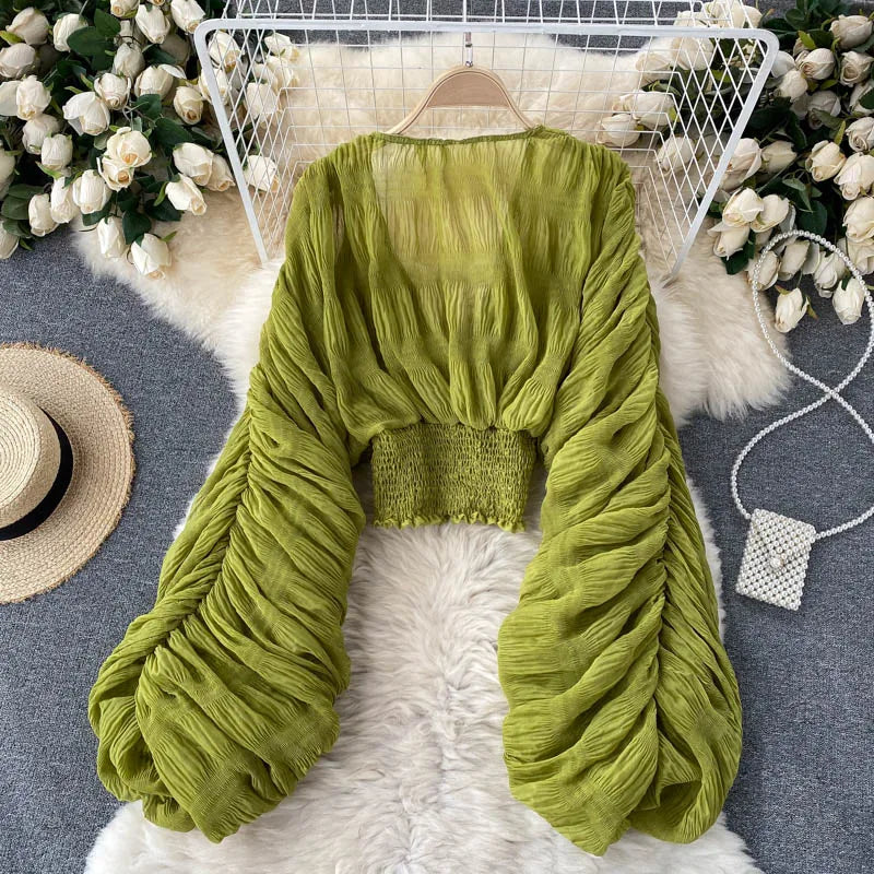 maoxiangshop-Women Sexy Chiffon Short Blouse Female See Through Super Long Sleeve Blusas Purple/Green/Black/White Folds Party Tops 2022 New