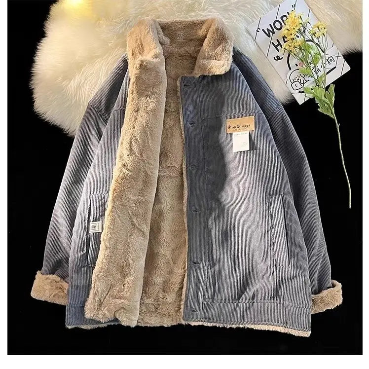 Hong Kong Style Retro Corduroy Coat Y2k Winter Fashion Loose Lamb Casual Joker Cotton-padded Jacket Coat For Men And Women Top