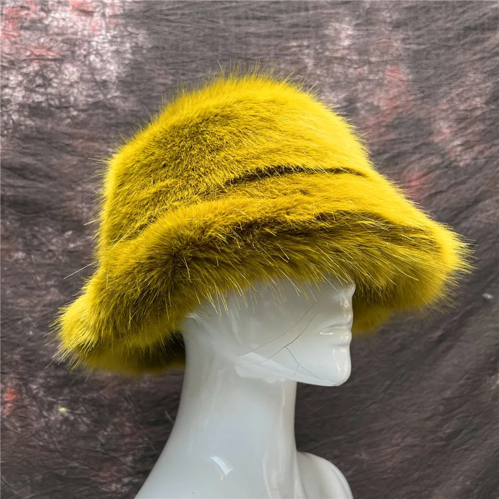 maoxiangshop - Luxury Ins Hot Y2k Girls Faux Fox Fur Bucket Hat Women Winter Warm Rabbit Fur Plush Fisherman Hat Cap Festival Party Ski Panama