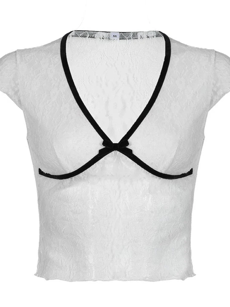 maoxiangshop White Lace T Shirt Women Summer Sexy Bodycon Y2k Crop Tops Streetwear Grunge Aesthetic Korean Fashion See Through
