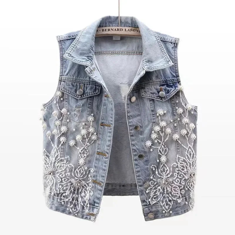 maoxiangshop Fashion Lace Beaded Denim Vest Women Cardigan 2024 New Spring Sleeveless Jacket Fashion Loose Vintage Jeans Waistcoat Tide