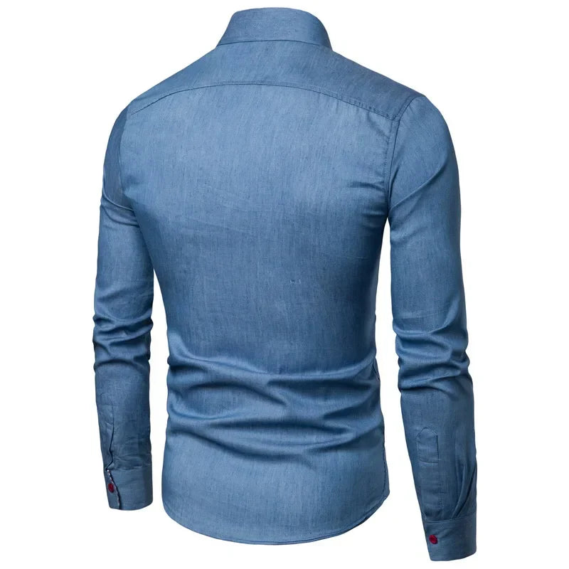 maoxiangshop Autumn Men's Pocket Panel Leather Long Sleeve Shirt Anti Denim Versatile Slim Fit Shirt