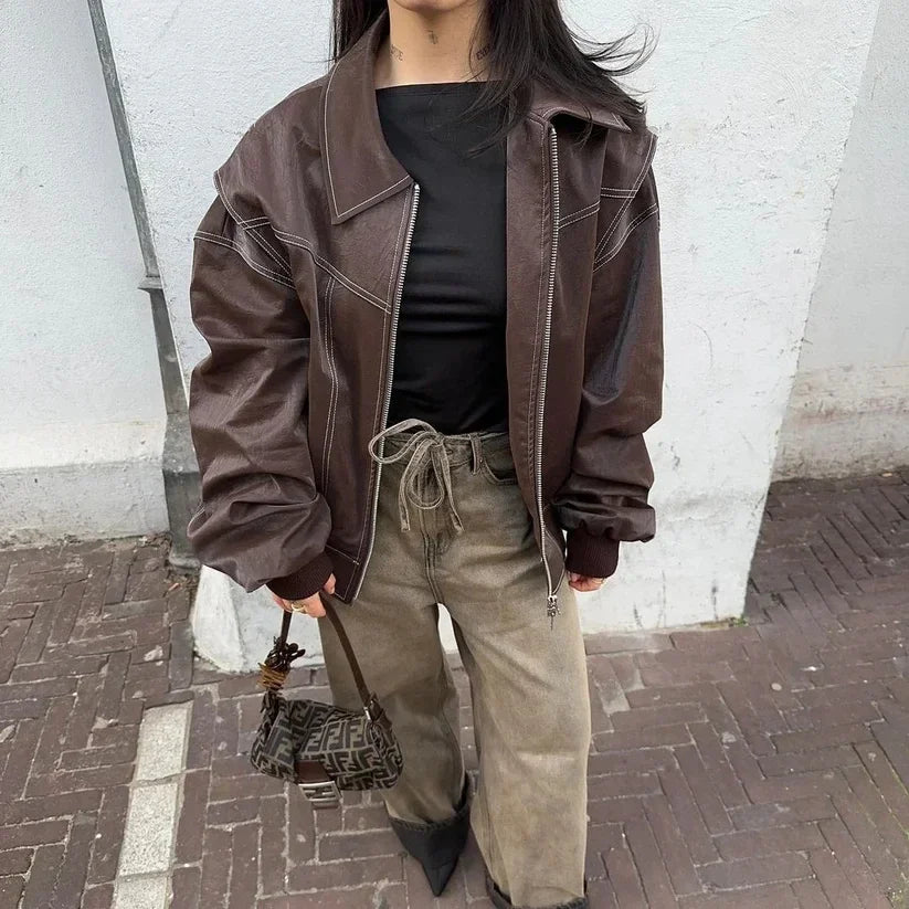 maoxiangshop - Chic Wine Red Leather Contrast Stitch Jacket Fashion Oversized Zipper Long Sleeve Women Coat 2024 Autumn Casual Office Outerwear