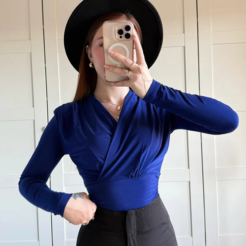 maoxiangshop - Cross-Neck Slim Long Sleeve Crop Top For Women Elegant Ruched Solid T shirt Autumn Fashion Versatile Female Pullovers