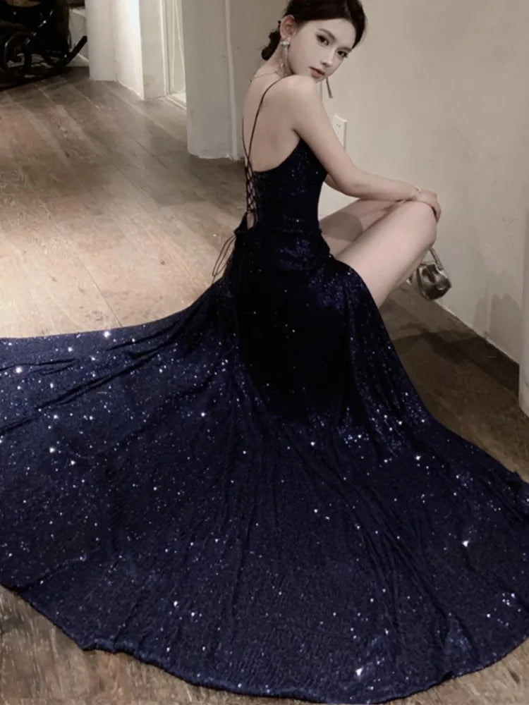 maoxiangshop DRESS TO IMPRESS Sexy Backless Evening Party Long Dresses for Women V-Neck Split Slim Spring Summer Luxury Sequins Prom Robe Birthday Vestido New