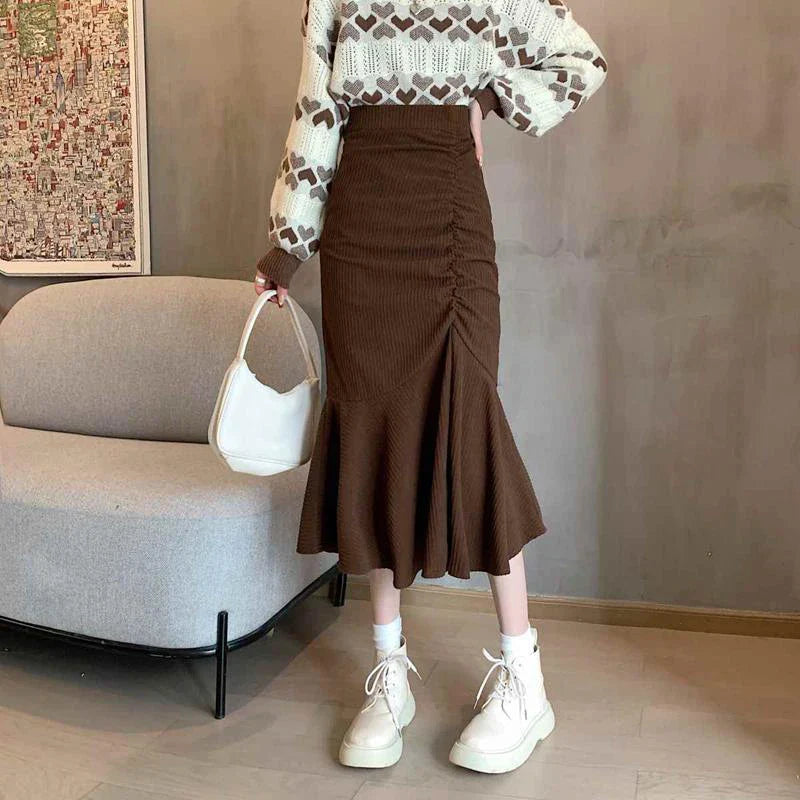 maoxiangshop Fashion High Waist Midi Skirts for Women Spring Slim Fit Hip Mermaid Skirt Woman Korean Ruffles Brown Skirts 2XL