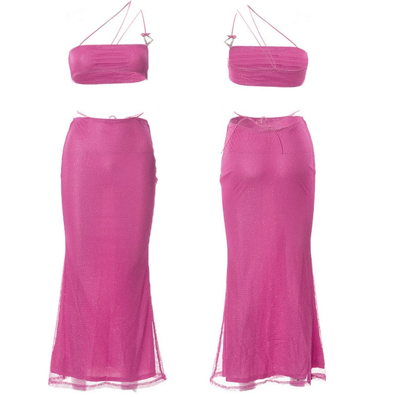 maoxiangshopTwo Piece Skirt Set Women's Suit y2k Clothes Summer Sexy Outfit Cropped Top and Split Skirt Chic Elegant Female Clothing