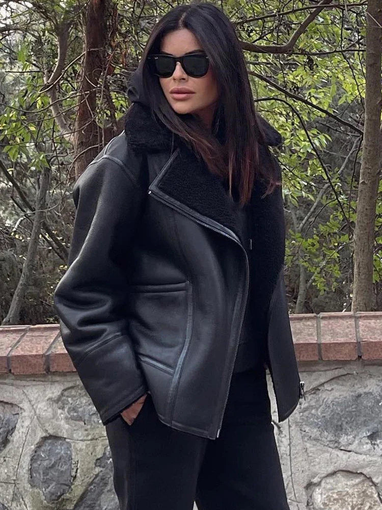 maoxiangshop - Autumn Winter Women Warm Black Zipper Faux Leather Jacket Coat Loose Turn Down Collar Thickness Overcoat Female Outwear
