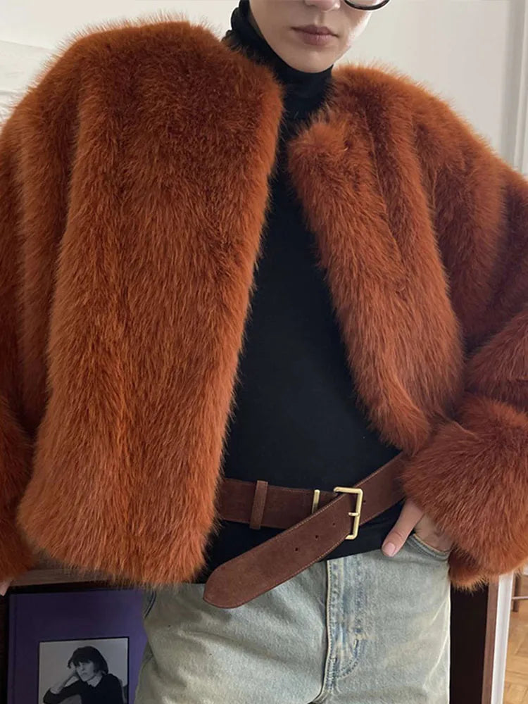 maoxiangshop - Elegant Faux Fur Women Coat Thicken Full Sleeve O Neck Lady Short Jacket 2024 Autumn Winter Warm Highstreet Female Outwear