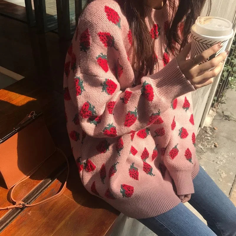 maoxiangshop - Sweet Women Sweaters Strawberries Print Long Pullovers Tops Autumn Winter Loose Sueter Mujer Girls Knitwear