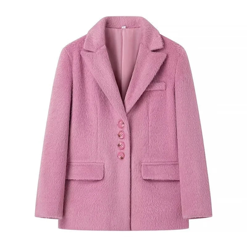 maoxiangshop - New Women's Collar Plush Jacket Elegant Loose Chic Coat Winter Thicken Fashion Office Ladies Warm Button Plush Jacket