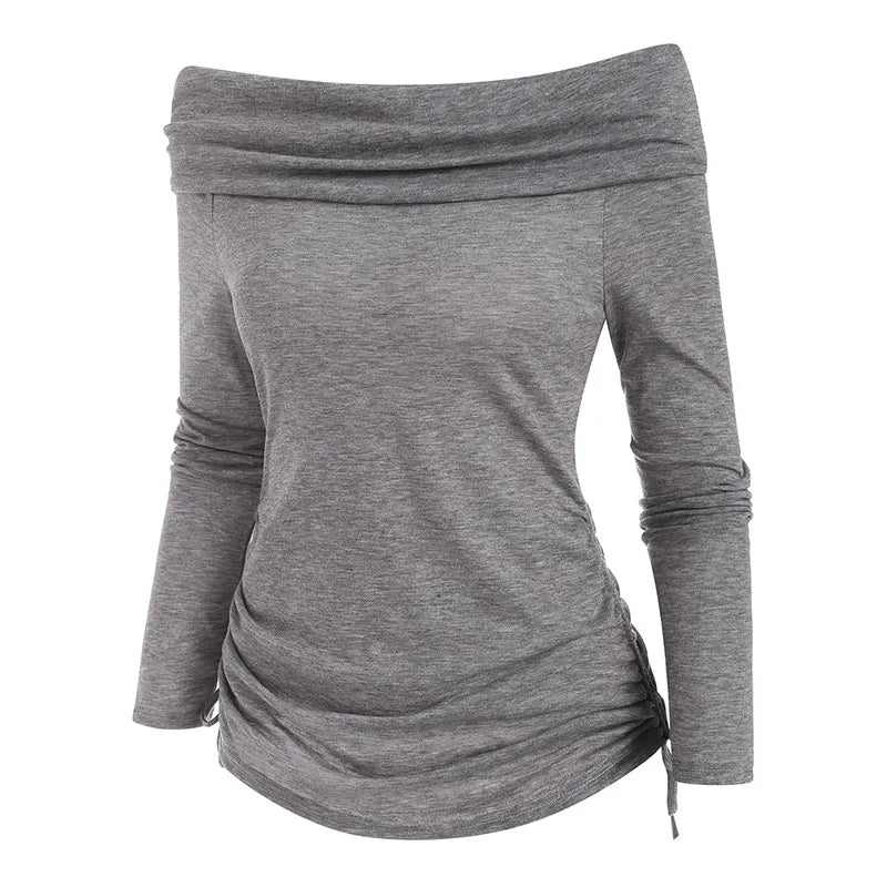 maoxiangshop Early Autumn Ruched Off The Shoulder Tops Slim Tee Off Shoulder Tops Women Off The Shoulder T-Shirts