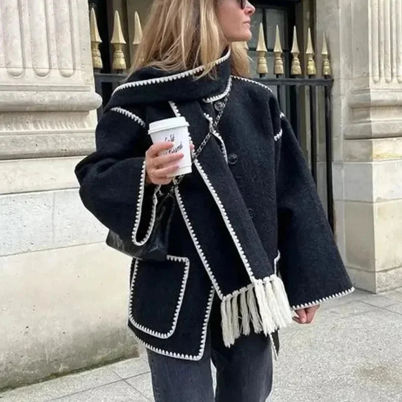 maoxiangshop - Fashion Loose Women Coat With Scarf Long Sleeve Pocket Single Breasted Female Coat 2024 Autumn Winter Fashion Lady Street Jacket