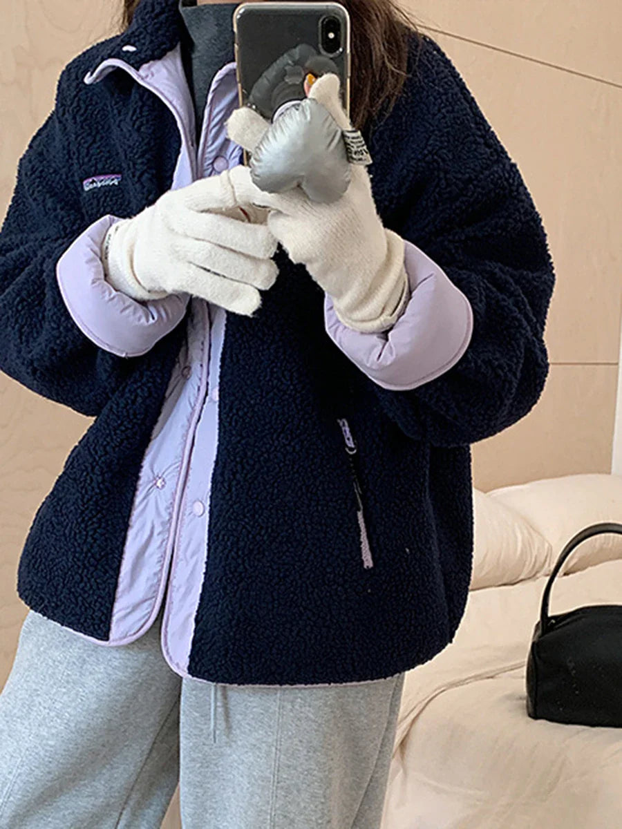 maoxiangshop - Patchwork Reversible Warm Jacket Women Single Breasted Long Sleeve Outerwear 2024 Autumn New Korean Fashion Casual Chic Coats