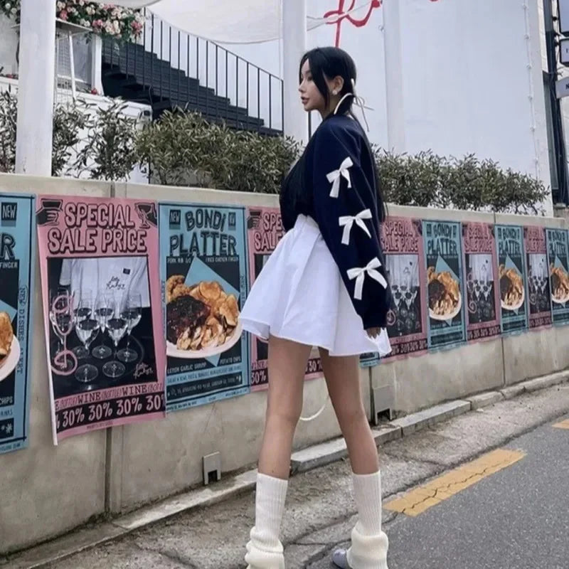 maoxiangshop - Korean Style Bow Design Sweatshirt Top Women Autumn New Casual Loose 2024 Fashion Long Sleeved Round Neck Suit K Pop Clothes