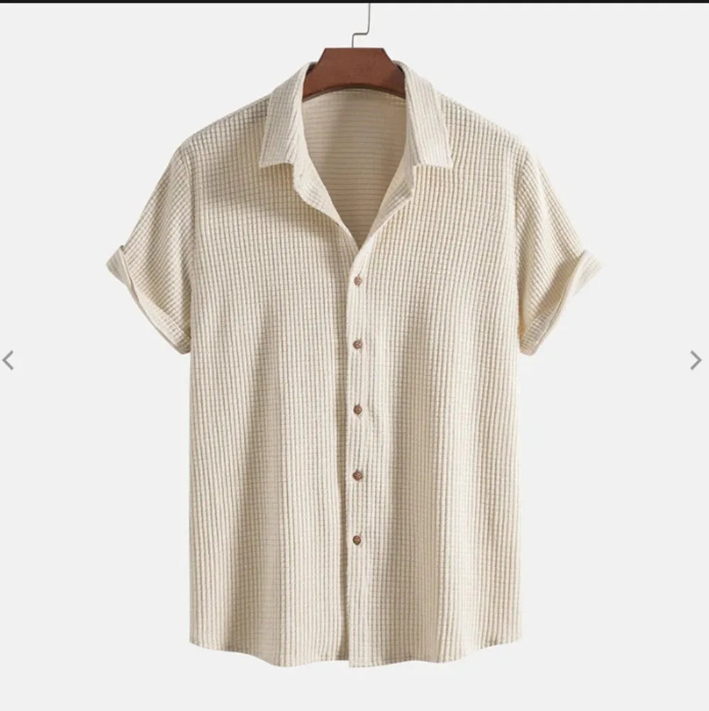 maoxiangshop Summer Men's Short Sleeve Solid Color Single breasted Casual Loose Beach Shirt