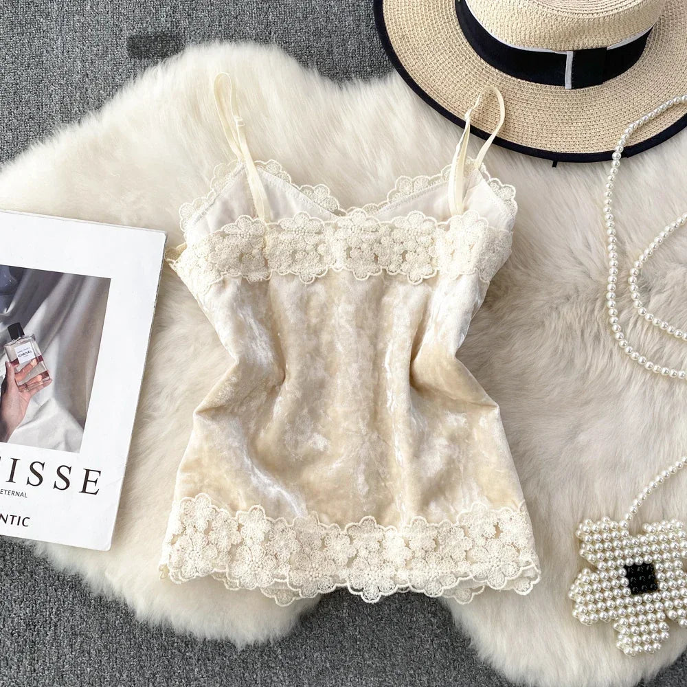 maoxiangshop Velvet V-neck Sexy Top Women Spaghetti Strap Backless Floral Lace Patchwork Female Tank Tops Autumn Chic Camisole