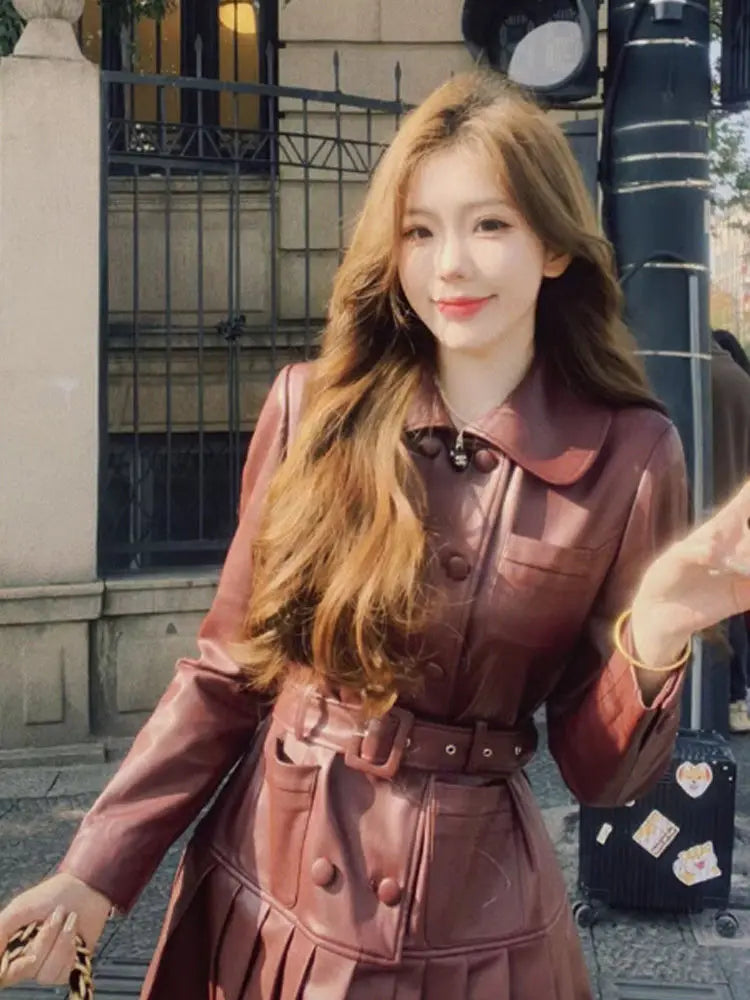 maoxiangshop - Autumn New Retro Red French High end Hepburn Style Polo Neck Leather Dress for Women Waist Slimming A-line Pleated Mini Dress