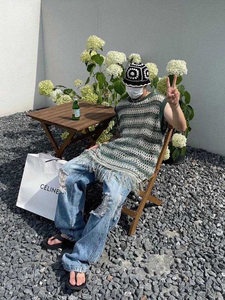 maoxiangshop Striped Mesh Vest for Men Vintage Knit Tank Tops Sleeveless Tee Male Casual Summer Beach Japanese Streetwear Hip Hop