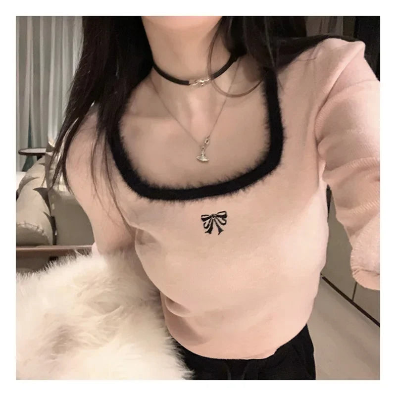 maoxiangshop Women Butterfly Embroidered T-shirts Square Neck Long Sleeve Patchwork Y2K T-Shirts Casual Tees Women Autumn Winter