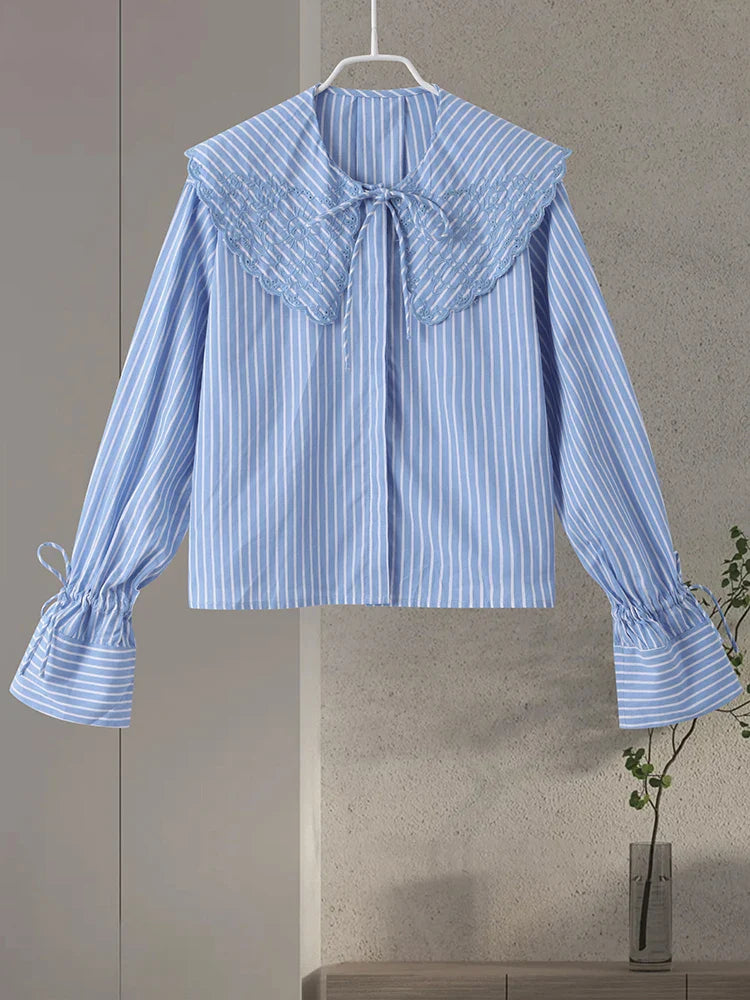 maoxiangshop - Sweet Striped Lace Up Women Shirts Cute Flare Sleeve Embroidery Lapel Female Blouses 2024 Spring Summer Casual Tops Streetwear
