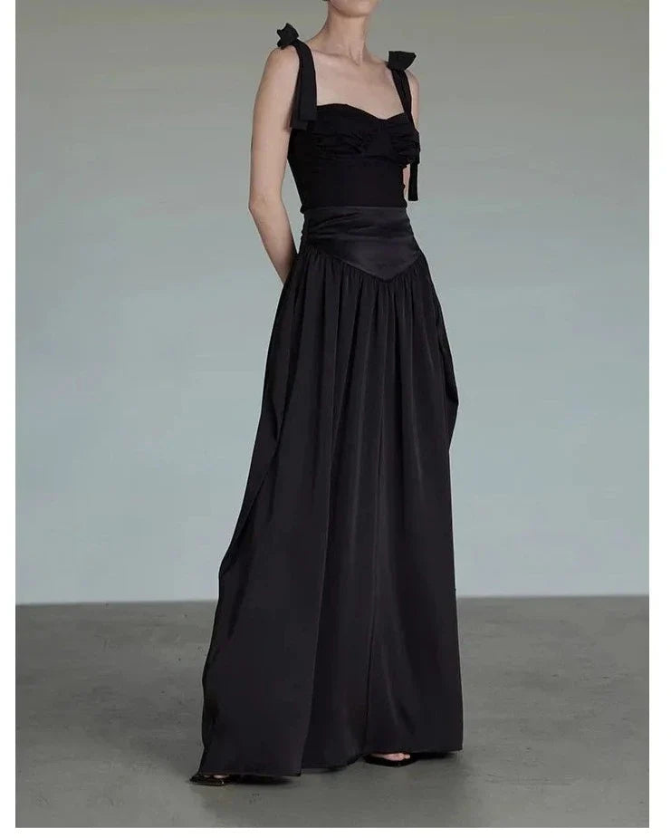 maoxiangshop - 2024 New Women Designer Two Pieces Set Black Camisole Tops Slimy Gothic Girl Tanks Maxi Skirts Outfit Hepburn Vintage Skirt