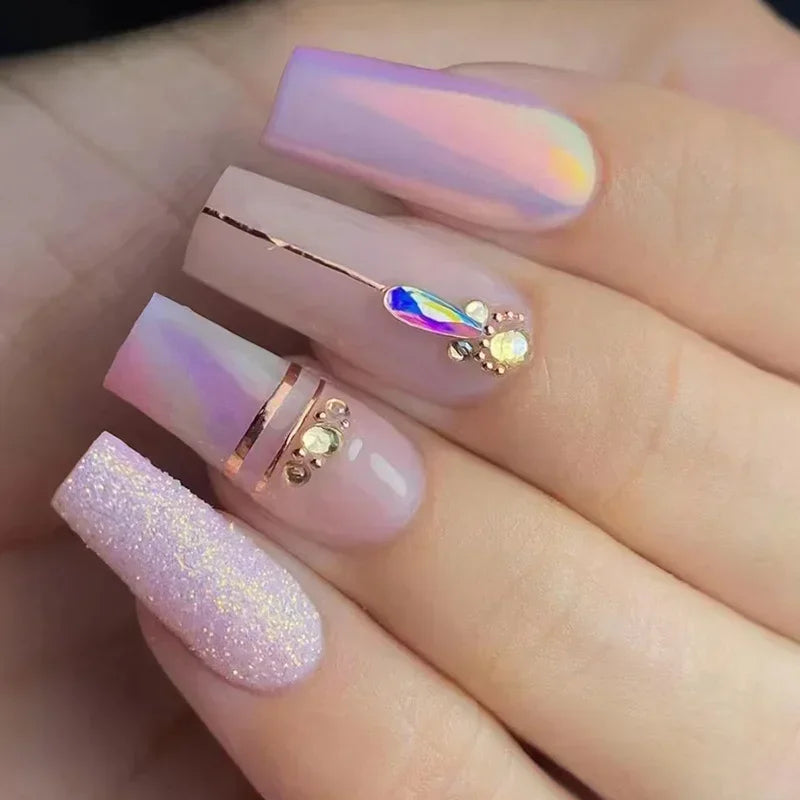 maoxiangshop 24Pcs Coffin False Nails Purple Butterfly Designs Fake Nails with Shiny Rhinestone Wearable French Full Cover Press on Nails
