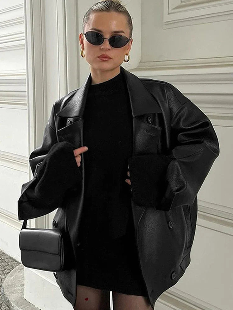 maoxiangshop - Elegant Leather Double Breasted Women Jackets Solid Brown Lapel Long Sleeves Coat Female 2024 Autumn Winter Street Outwears Lady