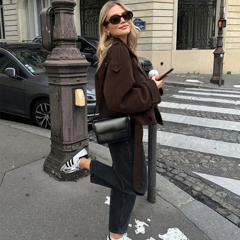 maoxiangshop - Brown Double Breasted Wool Coat Office Women's Retro Lapel Short Jacket Loose Solid Autumn Winter Coat Female Outfits