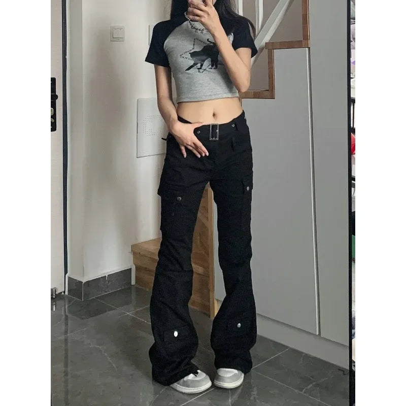 maoxiangshop - Y2k Streetwear Cargo Jeans Women Black Gyaru Gothic Grunge Flare Denim Pants Vintage Korean Style Tights Trousers Baddies