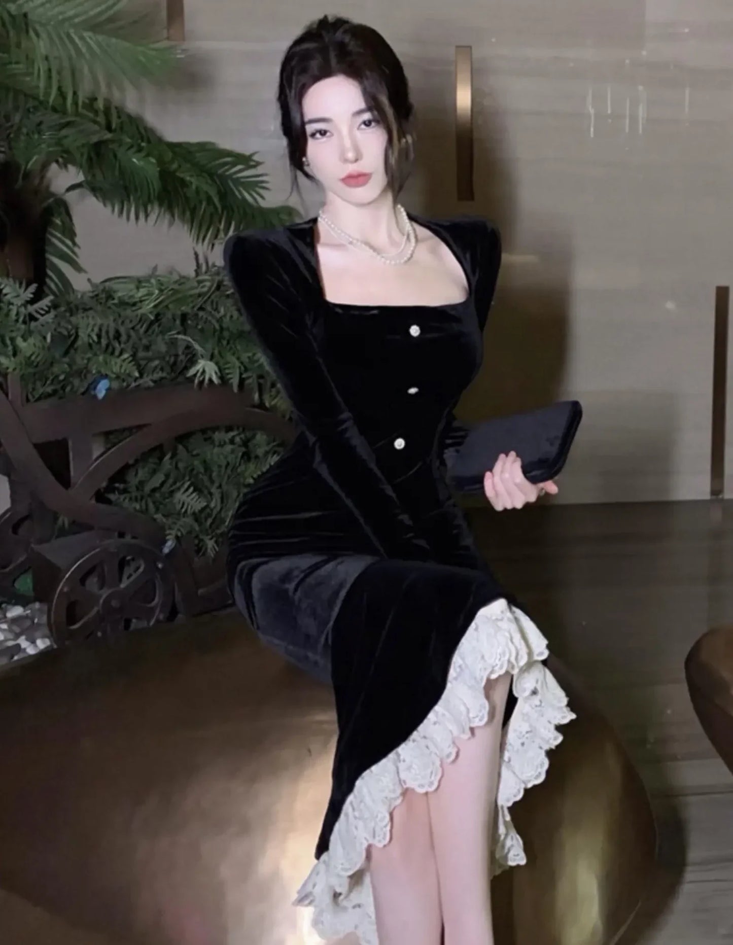 Women France Vintage Ruffles Mermaid Dress Chic Patchwork Long Sleeve One Piece Bodycon Lace Robe Spring Autumn New Clothing