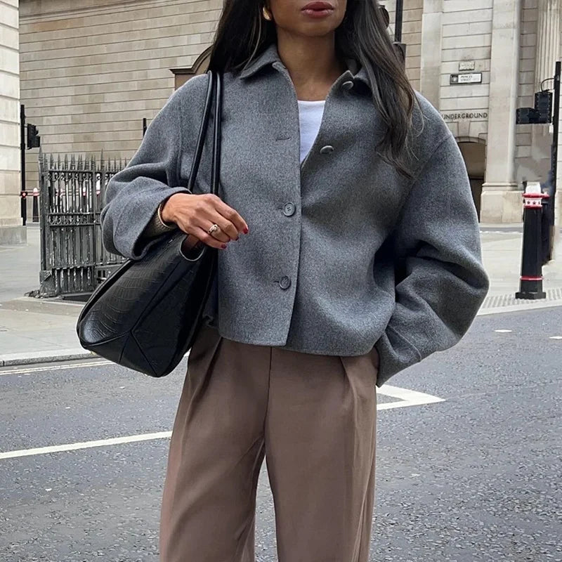 maoxiangshop - Fashion Woolen Solid Women Coat Lapel Full Sleeve Female Jacket 2024 Warm Autumn Winter Single Breasted Straight Lady Outwear