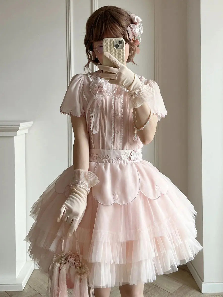 maoxiangshop - Pink Lolita Kawaii 2 Piece Set Women Japanese Cute Party Tops Suit Female 2024 Bubble Sleeve Elegant Blouse + Fairy Cake Skirt