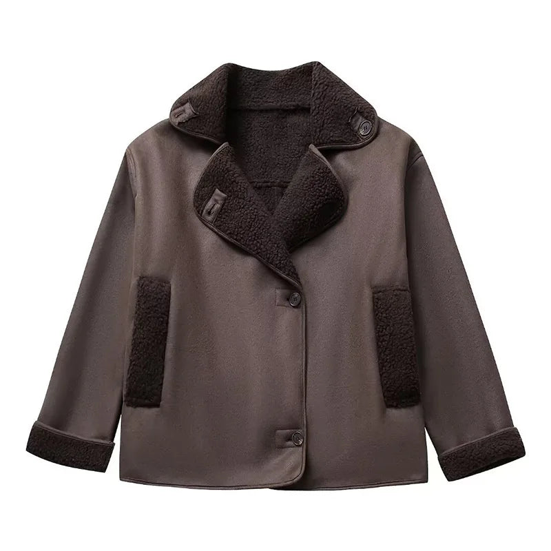 maoxiangshop - Thick Faux Leather Jackets for Women Autumn Winter Warm Jackets Woman 2024 Faux Wool Coats Long Sleeve Oversized Jacket