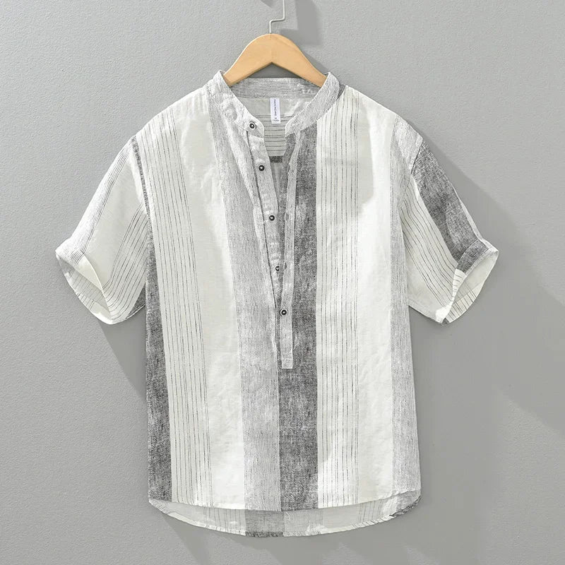 maoxiangshop 2024 Summer New 100%Linen Pullover Short Sleeve Shirts for Men Fashion Striped Casual Loose Shirts