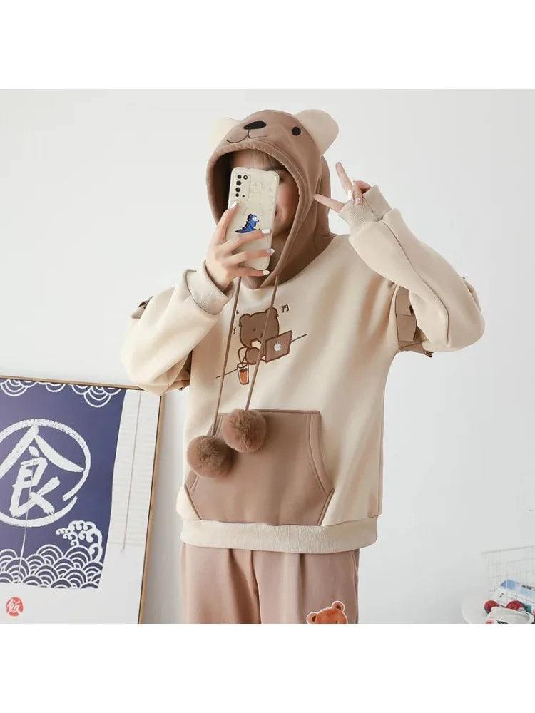maoxiangshop Women Cute Drawstring Bear Embroidery Fleece Hoodies Winter Korean Fashion Harajuku Hoody Sweatshirt Female Pullover Top