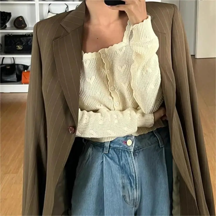 maoxiangshop Fall outfits women cropped cardigan long sleeve cute crop sweater kawaii knitwears heart square neck top knitted