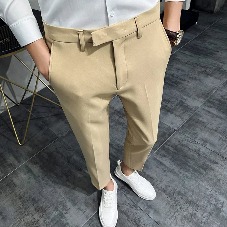 maoxiangshop 2024 Summer Fashion Mens Dark Green Suit Pants Pure Color Business Occupation Slim Fit Dress Office Ankle Trousers