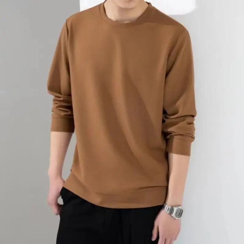 maoxiangshop Autumn Hoodies Men New Fashion Casual Slim Fit Waffle Round Neck Sweatshirts Men's Fashion Long Sleeve Undershirts