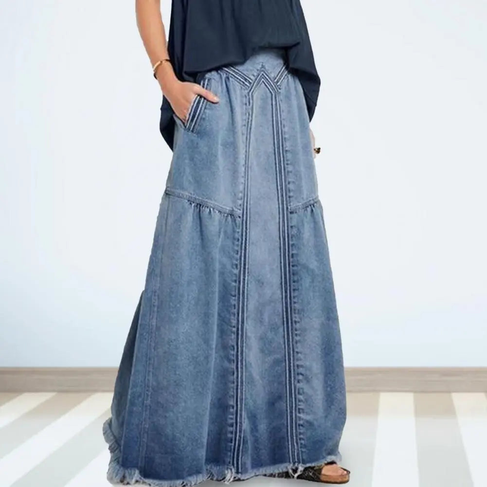 maoxiangshop Oversize Fashion Street Skirt Summer A Line Denim Skirt Women Autumn Sun Skirt Casual Solid High Waist Women's Long Skirt