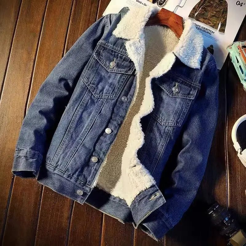 maoxiangshop Autumn and Winter New Men Fashion Trend Lamb Cashmere Denim Jacket Male Casual Comfort Thick Warm High Quality Overcoat Thermal