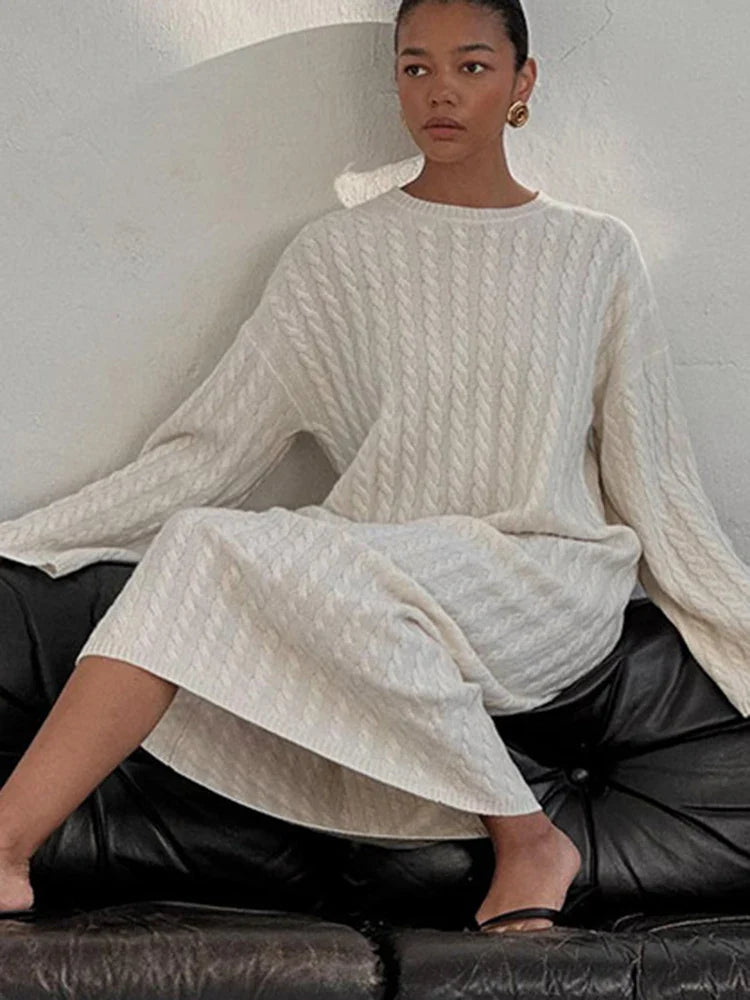 maoxiangshop Autumn Winter Knitted Dress Women Fashion Solid Color Ribbed Sweater Dress Female Elegant Casual Loose Long Sleeve Long Dresses