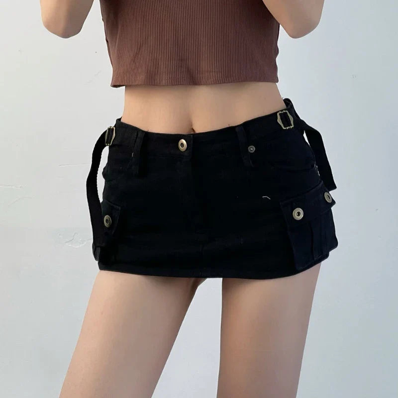 maoxiangshop Denim Cargo Mini Skirt Women Korean Style Low Waist Slim Sexy Vintage Streetwear Green Jean Skirt Y2k Girl Summer